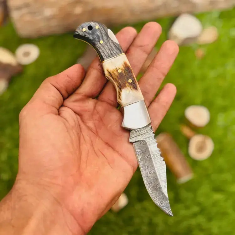 Handmade Forged Damascus Steel Folding Pocket Knife-Stag Horn & Pakka Wood Handle Hunt Craft Knives