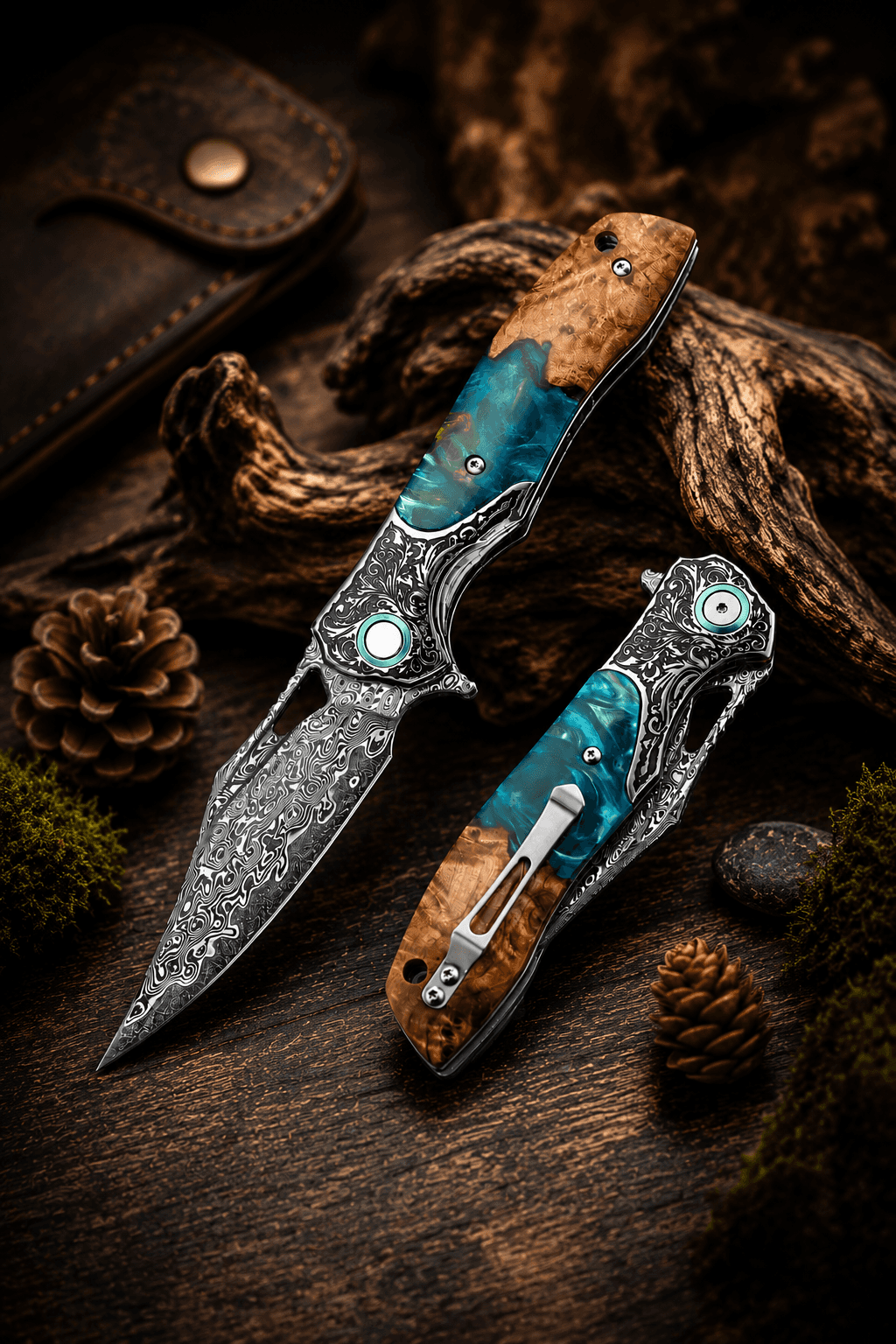 Best lockback Damascus Pocket Knife – Japanese Handmade Folding EDC Knife with Olive Burl Wood &amp; Resin Handle