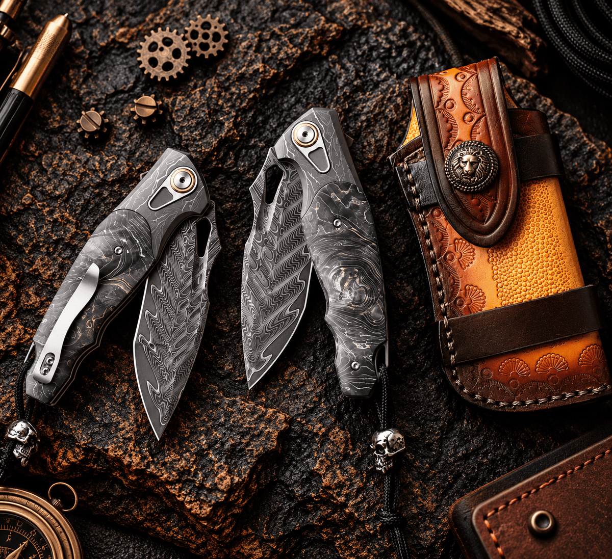 Damascus folding knife in leather sheath