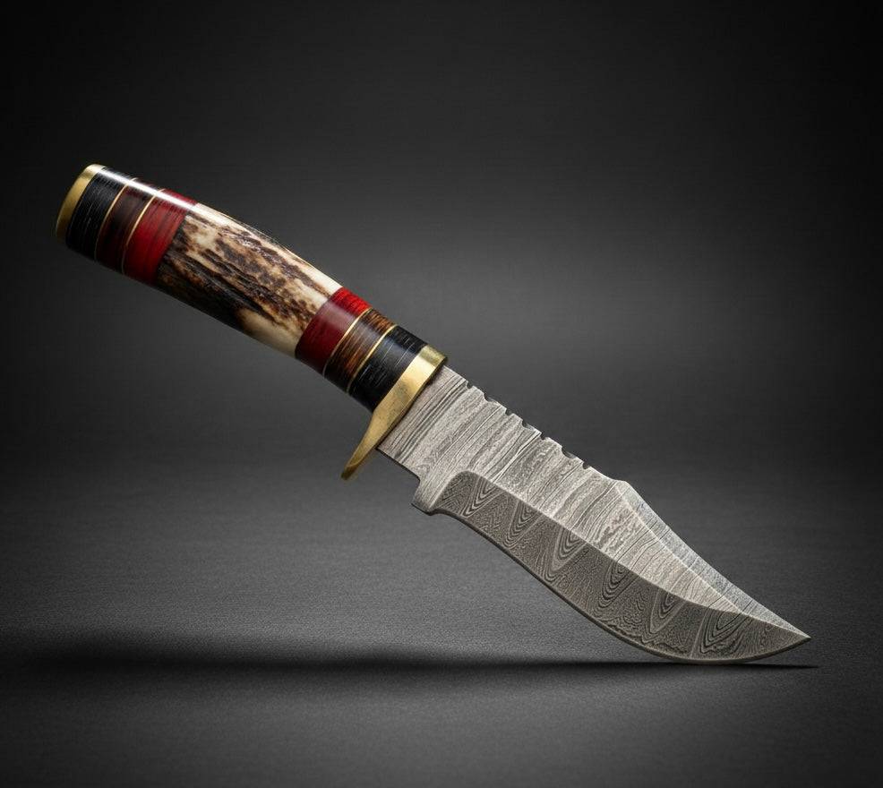 Custom Hand Forged Damascus Steel Hunting knife EDC w/ Brass Guard Knife & Stag Handle