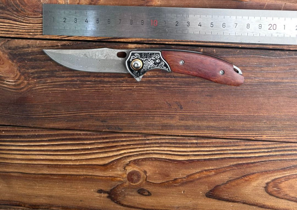 Custom Handmade Damascus Steel Pocket Knife with Brown Wood Handle & Engraved Bolster