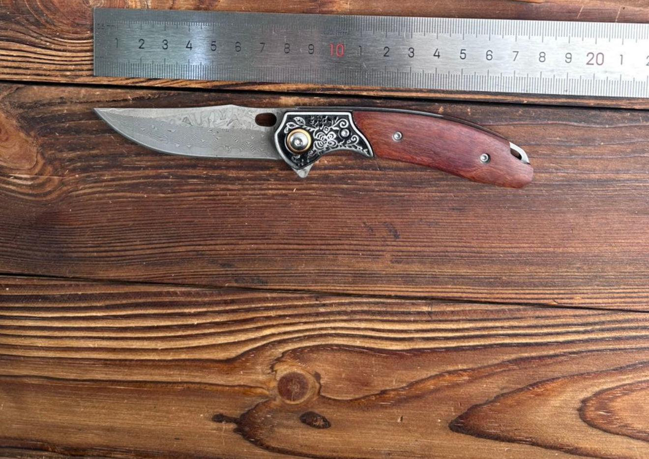 Custom Handmade Damascus Steel Pocket Knife with Brown Wood Handle & Engraved Bolster