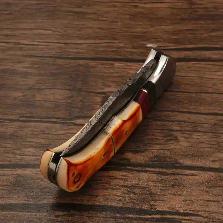 Handcraft Damascus Steel Hunting Pocket Knife-Camping Folding Blade With Burn Horn & Pakka Wood Handle - Hunt Craft Knives
