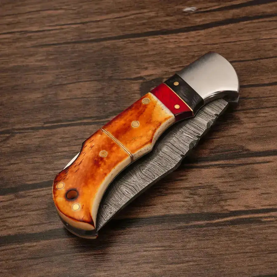 Handcraft Damascus Steel Hunting Pocket Knife-Camping Folding Blade With Burn Horn & Pakka Wood Handle - Hunt Craft Knives