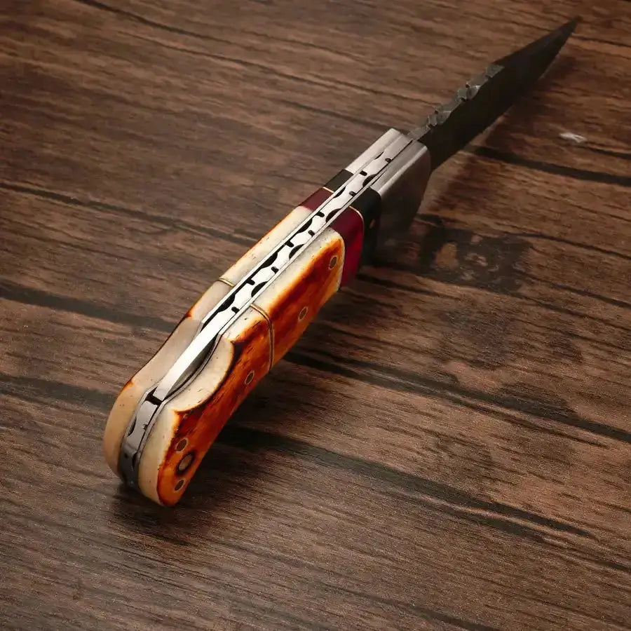 Handcraft Damascus Steel Hunting Pocket Knife-Camping Folding Blade With Burn Horn & Pakka Wood Handle - Hunt Craft Knives