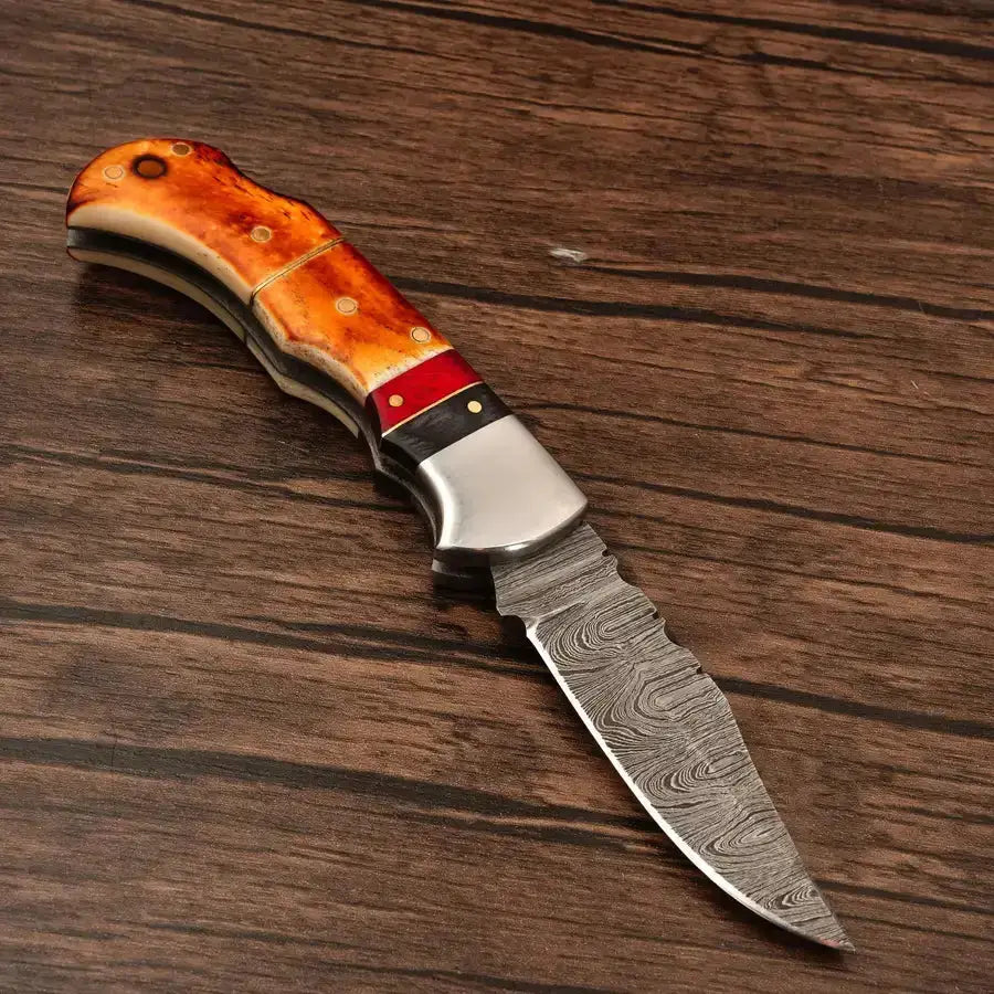 Handcraft Damascus Steel Hunting Pocket Knife-Camping Folding Blade With Burn Horn & Pakka Wood Handle - Hunt Craft Knives