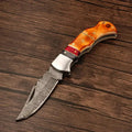 Handcraft Damascus Steel Hunting Pocket Knife-Camping Folding Blade With Burn Horn & Pakka Wood Handle - Hunt Craft Knives