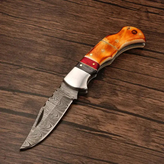 Handcraft Damascus Steel Hunting Pocket Knife-Camping Folding Blade With Burn Horn & Pakka Wood Handle - Hunt Craft Knives
