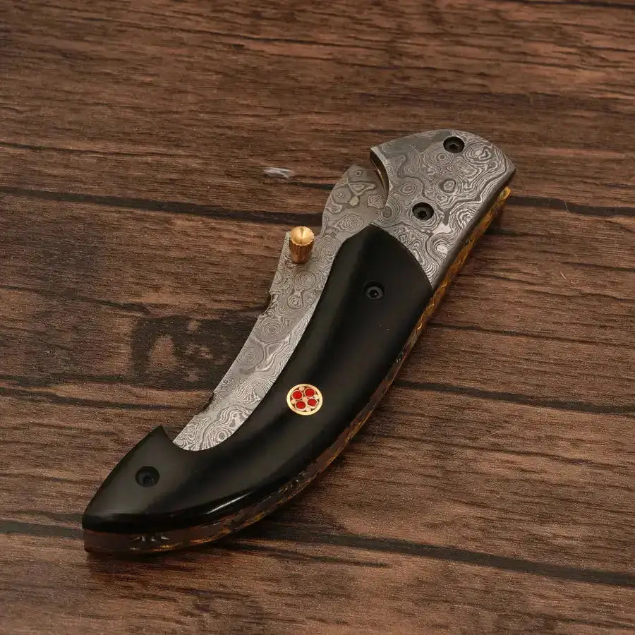 Handcraft Damascus Steel Pocket Knife-Damascus Bolster Folding Knife With Black Horn Handle - Hunt Craft Knives