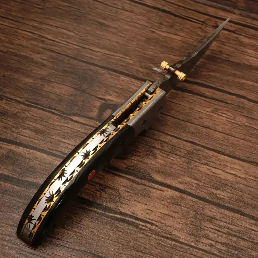 Handcraft Damascus Steel Pocket Knife-Damascus Bolster Folding Knife With Black Horn Handle - Hunt Craft Knives