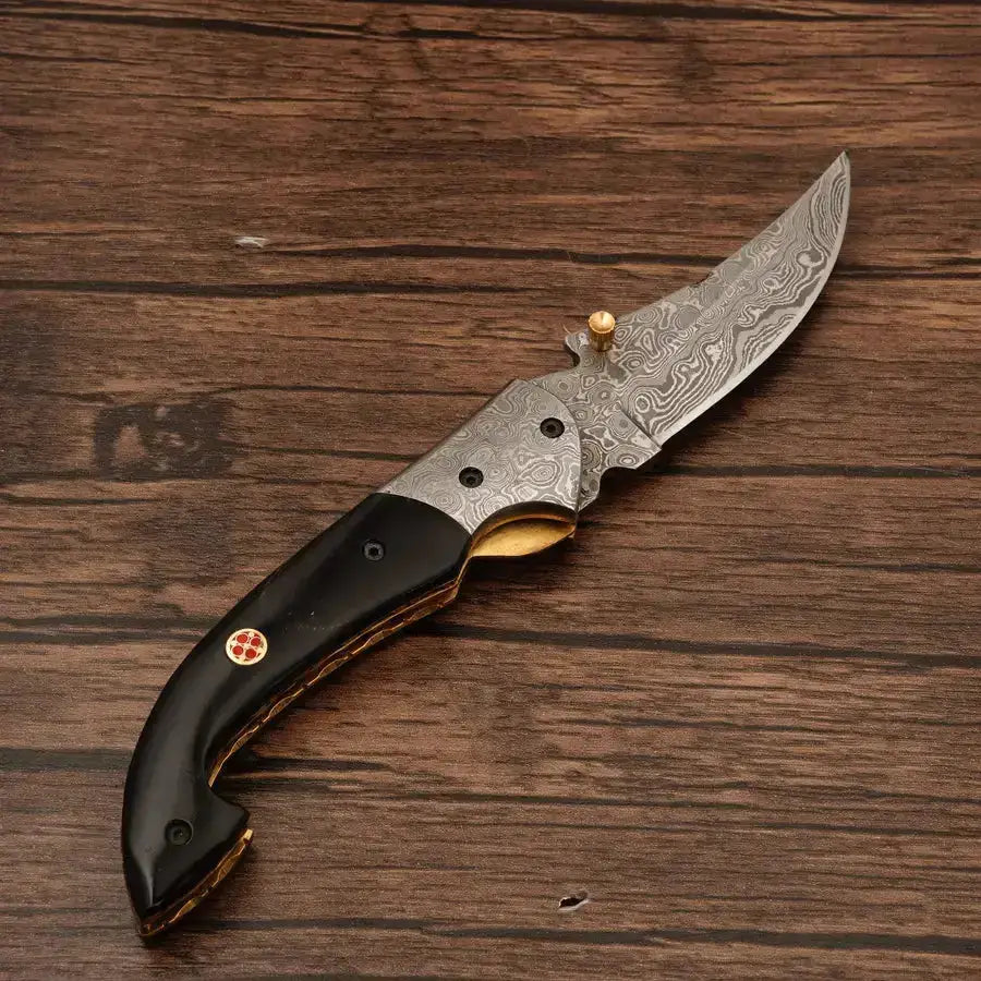 Handcraft Damascus Steel Pocket Knife-Damascus Bolster Folding Knife With Black Horn Handle - Hunt Craft Knives