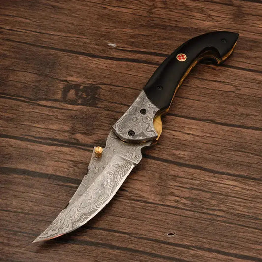Handcraft Damascus Steel Pocket Knife-Damascus Bolster Folding Knife With Black Horn Handle - Hunt Craft Knives