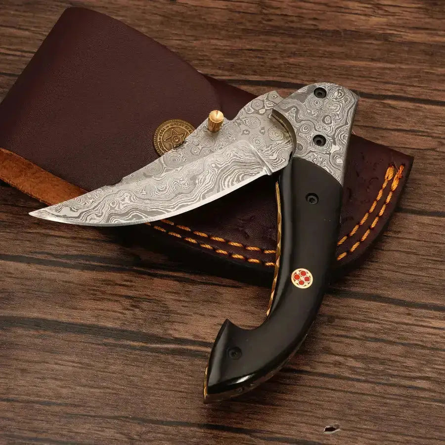 Handcraft Damascus Steel Pocket Knife-Damascus Bolster Folding Knife With Black Horn Handle - Hunt Craft Knives
