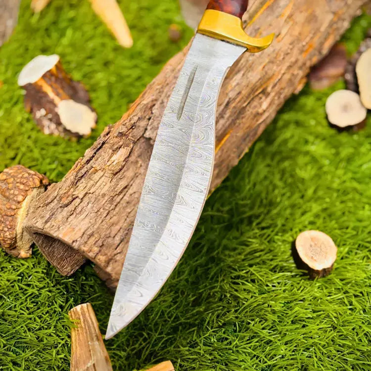 Handmade Damascus Steel Hunting Bowie Knife-Brass Guard & Rose Wood Handle Hunt Craft Knives