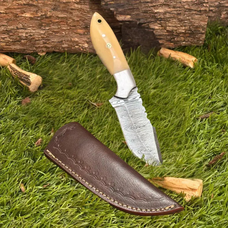 Handmade Damascus Steel Hunting Camping Knife-Steel Bolster & Bone Handle Hunt Craft Knives