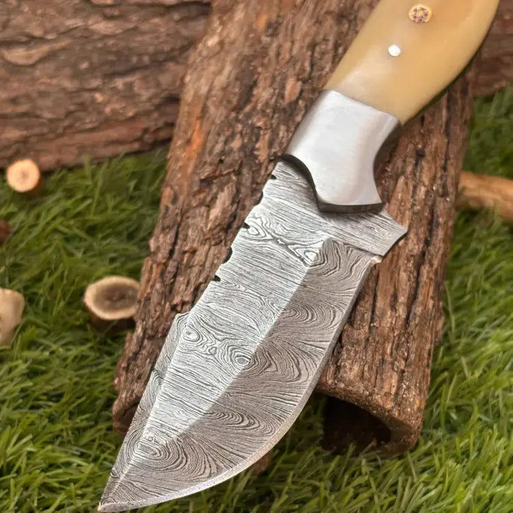 Handmade Damascus Steel Hunting Camping Knife-Steel Bolster & Bone Handle Hunt Craft Knives