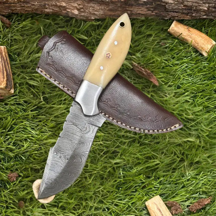 Handmade Damascus Steel Hunting Camping Knife-Steel Bolster & Bone Handle Hunt Craft Knives