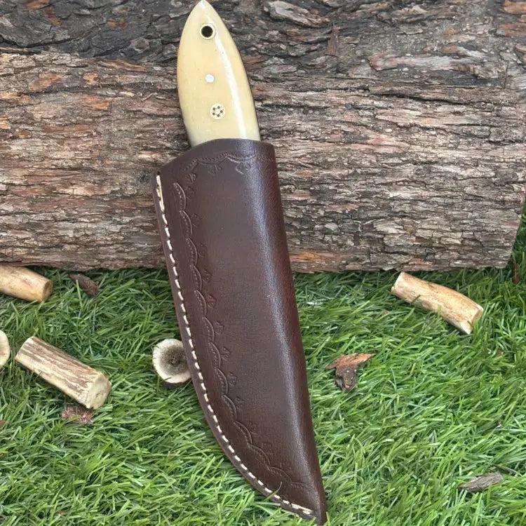 Handmade Damascus Steel Hunting Camping Knife-Steel Bolster & Bone Handle Hunt Craft Knives