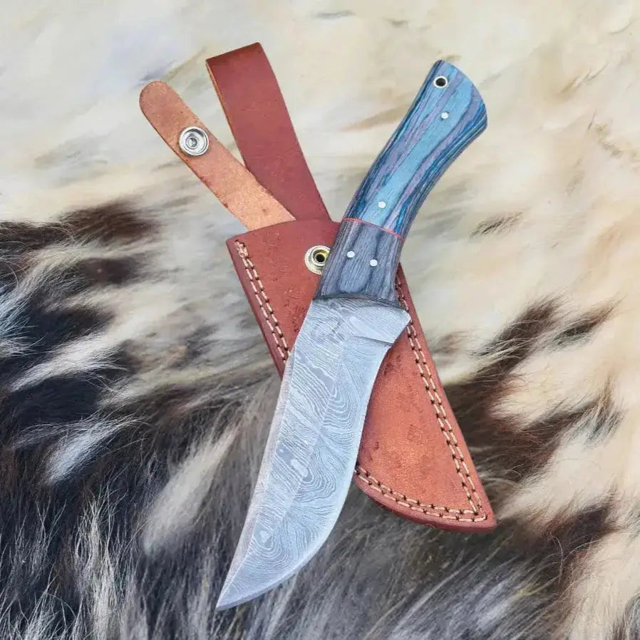 Handmade Damascus Steel Hunting Knife Black and Blue Pakka Wood Handle - Hunt Craft Knives