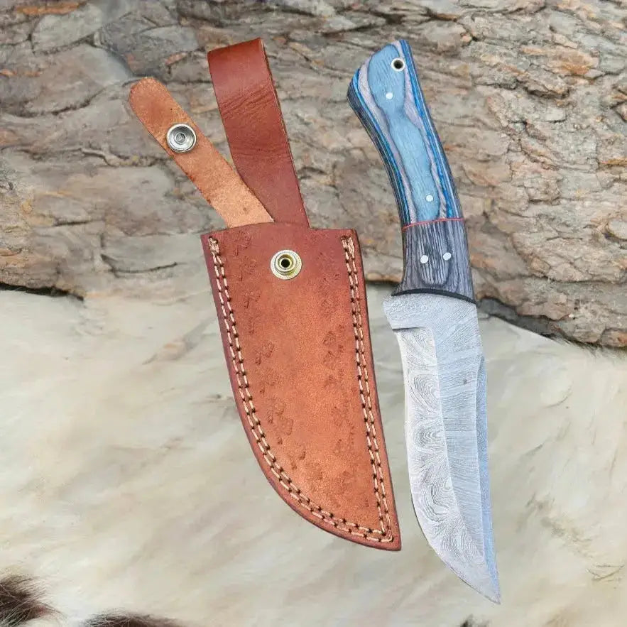 Handmade Damascus Steel Hunting Knife Black and Blue Pakka Wood Handle - Hunt Craft Knives