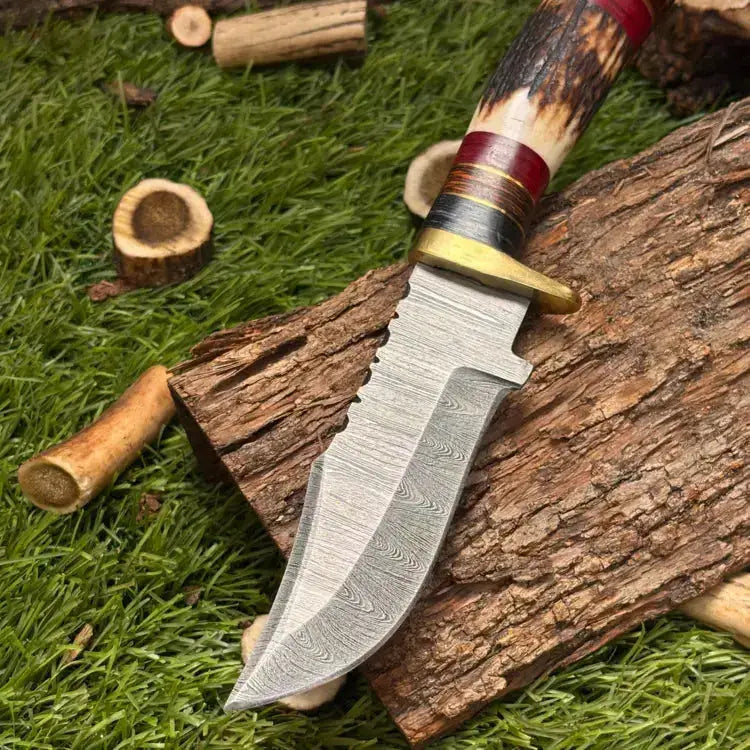 Handmade Damascus Steel Hunting Knife Brass Guard & Stag Horn Handle With Leather Sheath Hunt Craft Knives