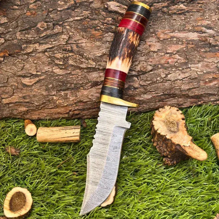 Handmade Damascus Steel Hunting Knife Brass Guard & Stag Horn Handle With Leather Sheath Hunt Craft Knives