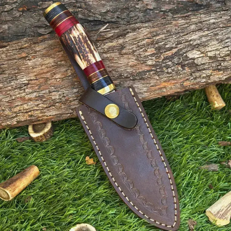 Handmade Damascus Steel Hunting Knife Brass Guard & Stag Horn Handle With Leather Sheath Hunt Craft Knives