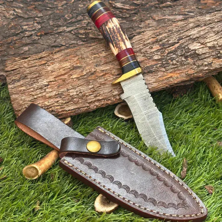 Handmade Damascus Steel Hunting Knife Brass Guard & Stag Horn Handle With Leather Sheath Hunt Craft Knives