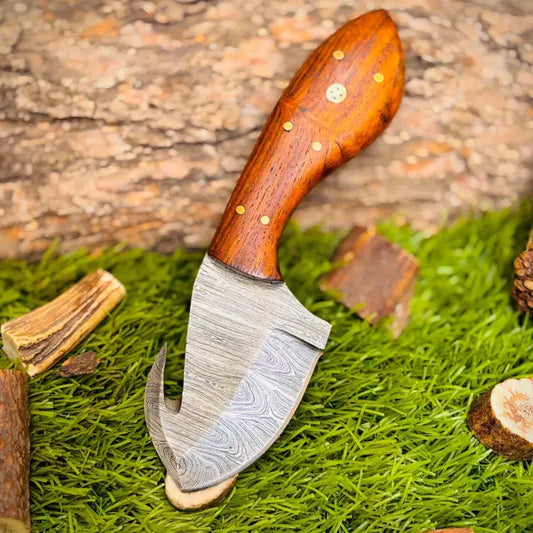Handmade Damascus Steel Skinner Knife- Gut Hook Hunting Knife - Rose Wood Handle Hunt Craft Knives