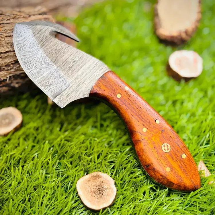 Handmade Damascus Steel Skinner Knife- Gut Hook Hunting Knife - Rose Wood Handle Hunt Craft Knives