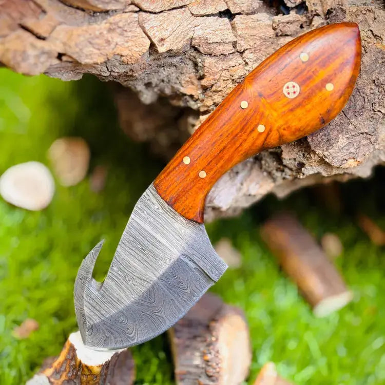 Handmade Damascus Steel Skinner Knife- Gut Hook Hunting Knife - Rose Wood Handle Hunt Craft Knives