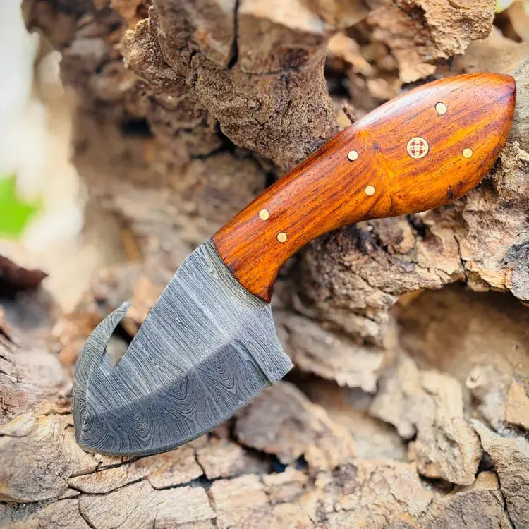 Handmade Damascus Steel Skinner Knife- Gut Hook Hunting Knife - Rose Wood Handle Hunt Craft Knives