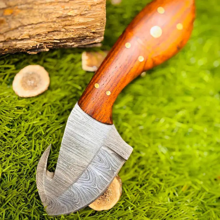 Handmade Damascus Steel Skinner Knife- Gut Hook Hunting Knife - Rose Wood Handle Hunt Craft Knives