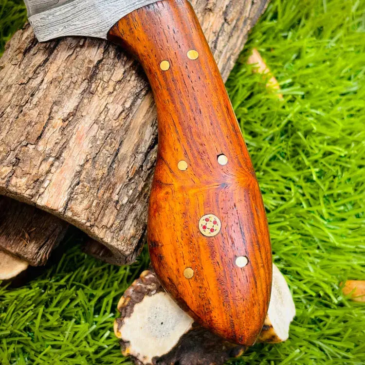 Handmade Damascus Steel Skinner Knife- Gut Hook Hunting Knife - Rose Wood Handle Hunt Craft Knives