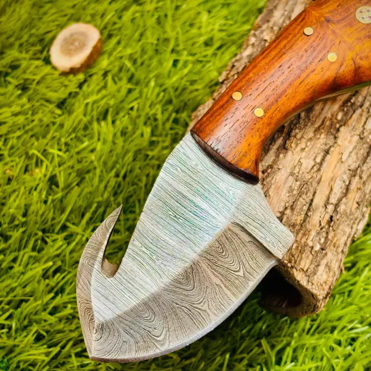 Handmade Damascus Steel Skinner Knife- Gut Hook Hunting Knife - Rose Wood Handle Hunt Craft Knives