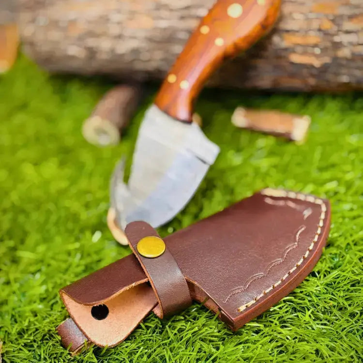 Handmade Damascus Steel Skinner Knife- Gut Hook Hunting Knife - Rose Wood Handle Hunt Craft Knives
