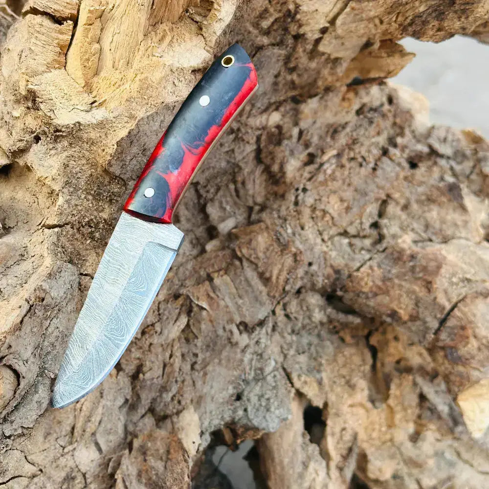 Handmade Damascus Steel Skinner Knife Red & Black Resin Handle - Hunt Craft Knives
