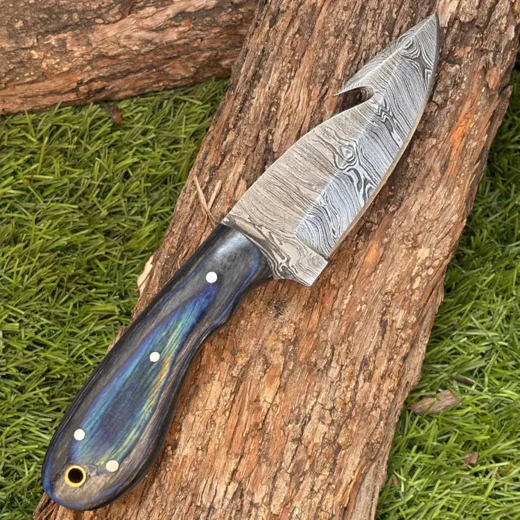 Handmade Forged Damascus Steel Gut Hook Hunting Skinner EDC Knife With Pakka Wood Handle Hunt Craft Knives