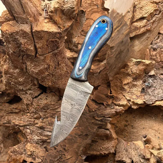 Handmade Forged Damascus Steel Gut Hook Hunting Skinner EDC Knife With Pakka Wood Handle Hunt Craft Knives