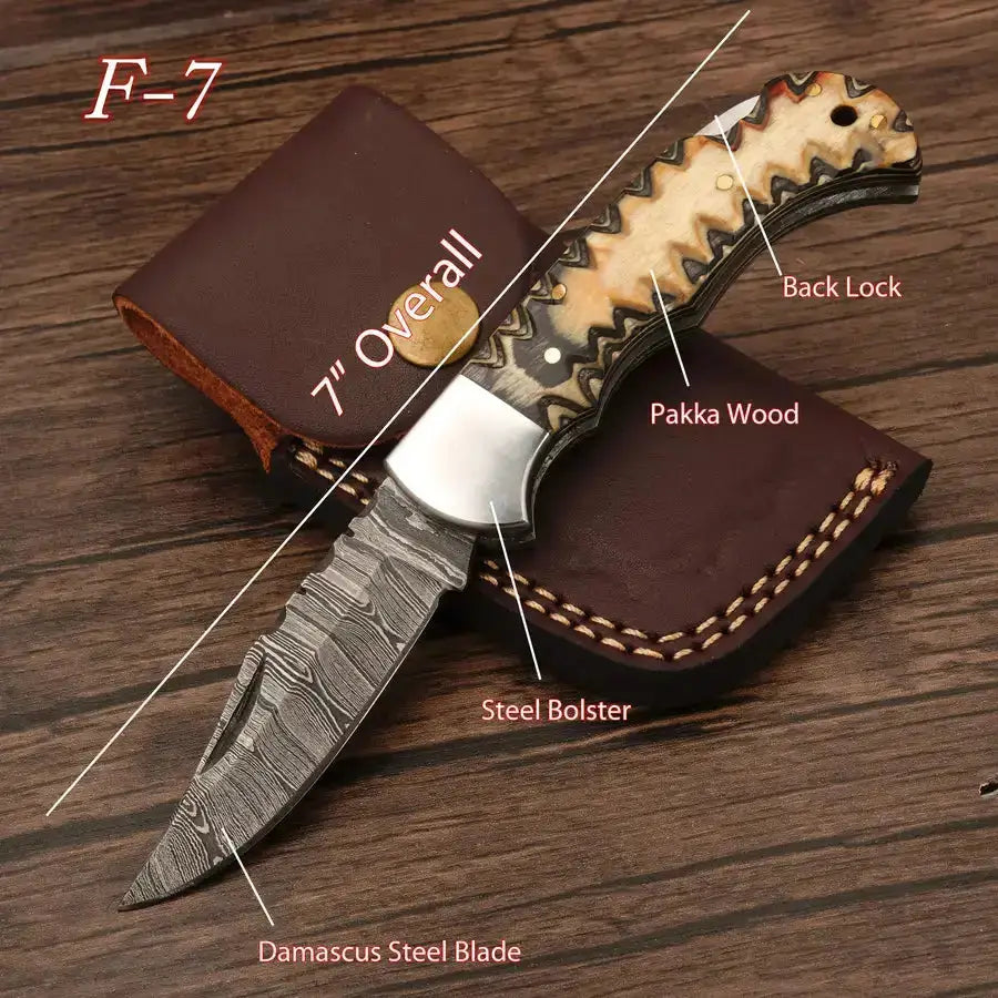 Handmade Damascus Pocket Knife-Camping Folding Blade With Pakka Wood Handle - Hunt Craft Knives