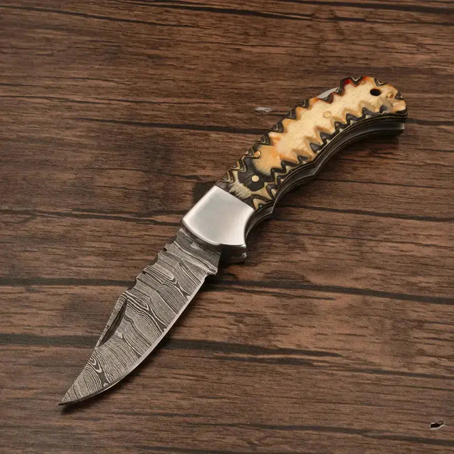Handmade Damascus Pocket Knife-Camping Folding Blade With Pakka Wood Handle - Hunt Craft Knives
