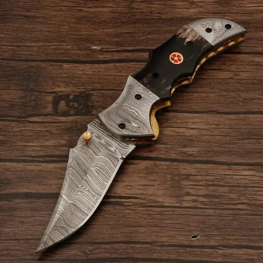 Handmade Damascus Pocket Knife-Damascus Bolster Folding Knife With Black Horn Handle - Hunt Craft Knives