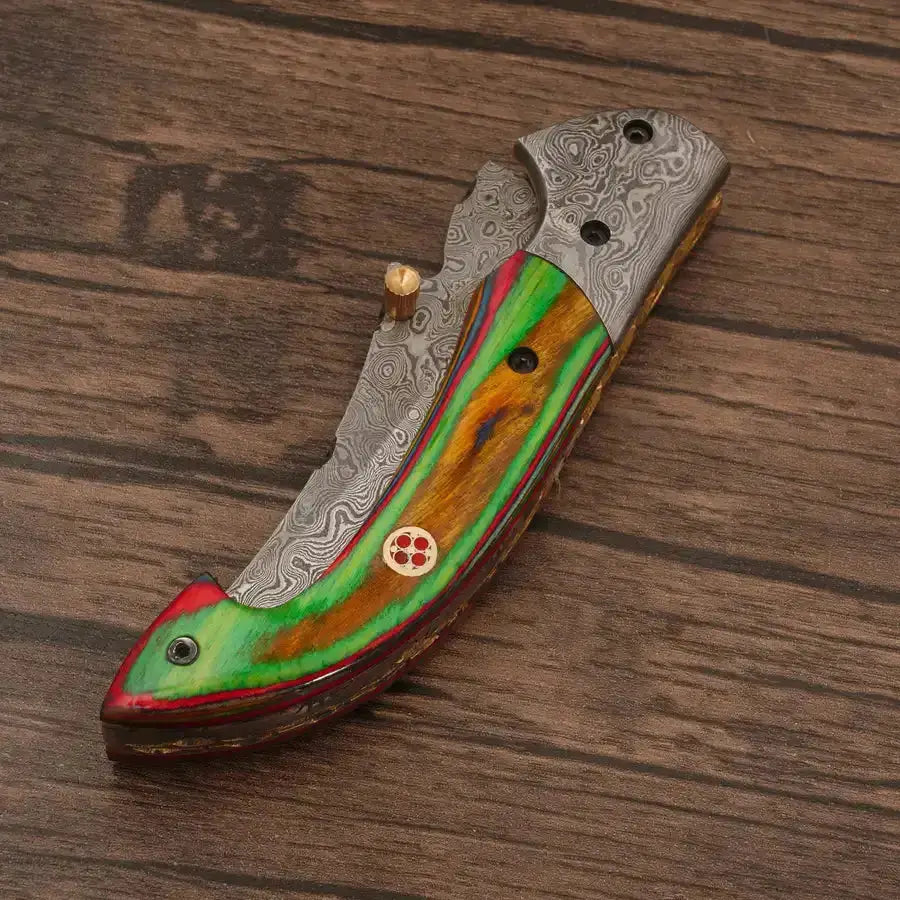 Handmade Damascus Pocket Knife-Damascus Bolster Folding Knife With MiltiColor Pakka Wood Handle - Hunt Craft Knives - Damascus Pocket Knife-Damascus Bolster Folding Knife camping knife