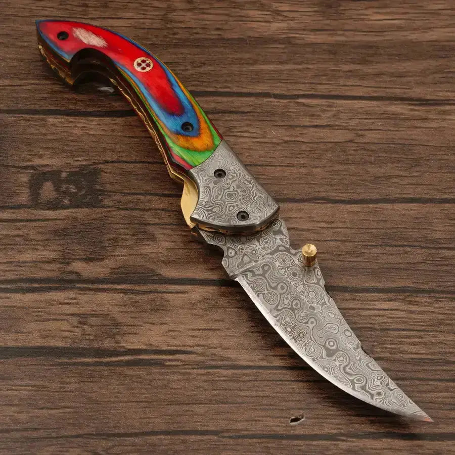Handmade Damascus Pocket Knife-Damascus Bolster Folding Knife With MiltiColor Pakka Wood Handle - Hunt Craft Knives - Damascus Pocket Knife-Damascus Bolster Folding Knife camping knife