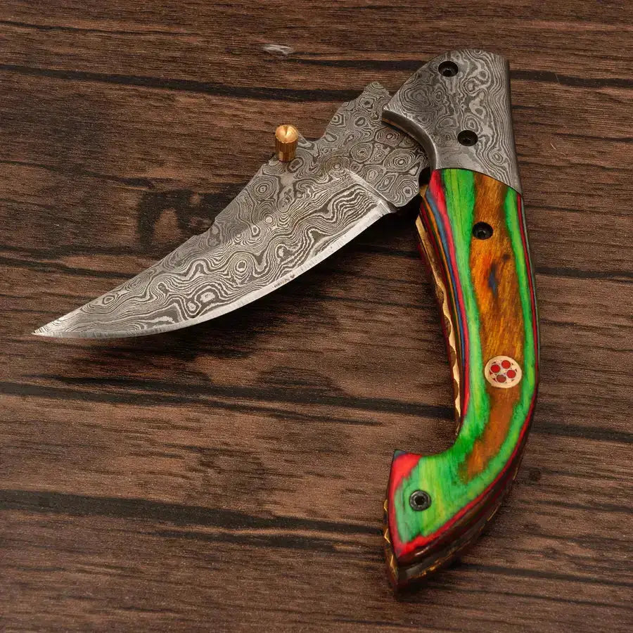 Handmade Damascus Pocket Knife-Damascus Bolster Folding Knife With MiltiColor Pakka Wood Handle - Hunt Craft Knives - Damascus Pocket Knife-Damascus Bolster Folding Knife camping knife