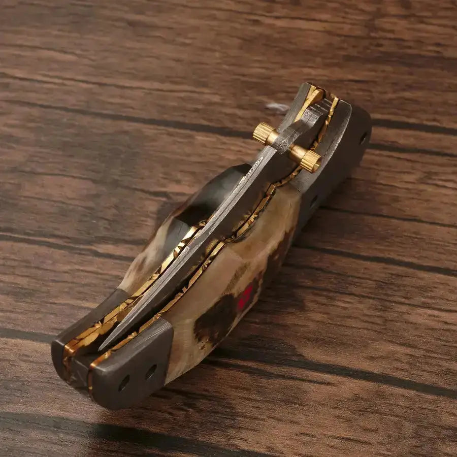 Handmade Damascus Pocket Knife-Damascus Bolster Folding Knife With Ram Horn Handle - Hunt Craft Knives