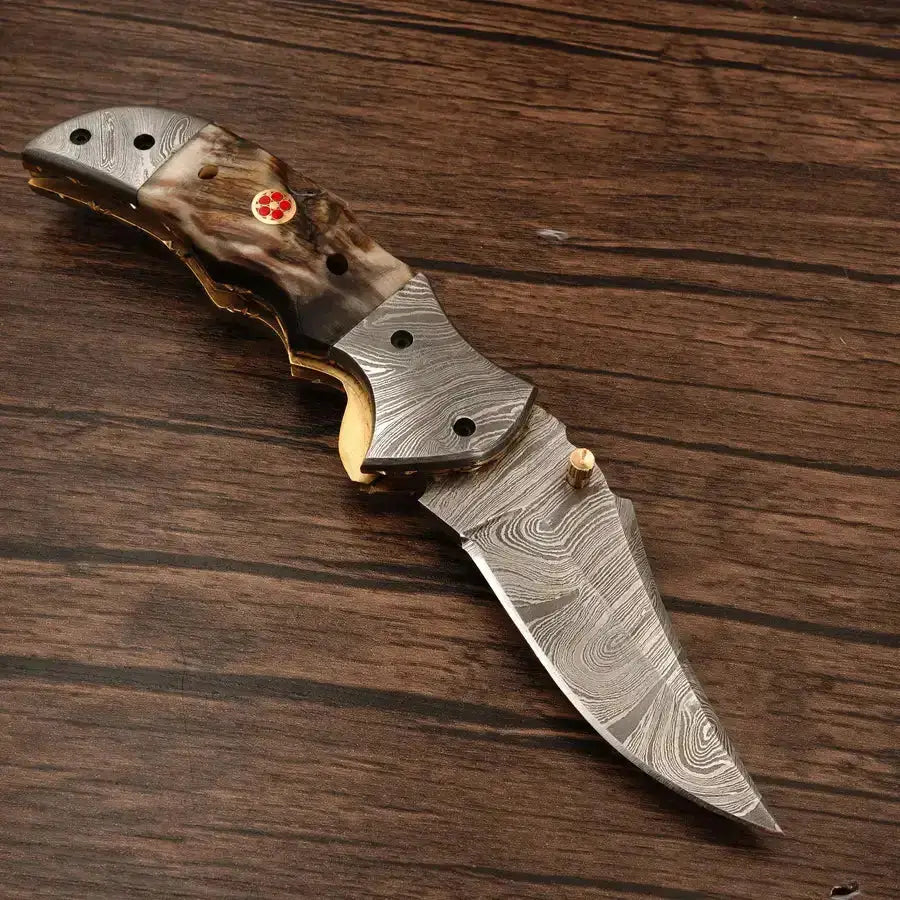 Handmade Damascus Pocket Knife-Damascus Bolster Folding Knife With Ram Horn Handle - Hunt Craft Knives