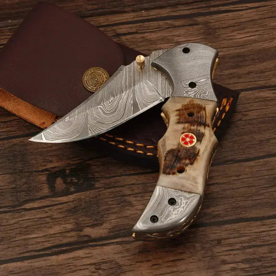 Handmade Damascus Pocket Knife-Damascus Bolster Folding Knife With Ram Horn Handle - Hunt Craft Knives