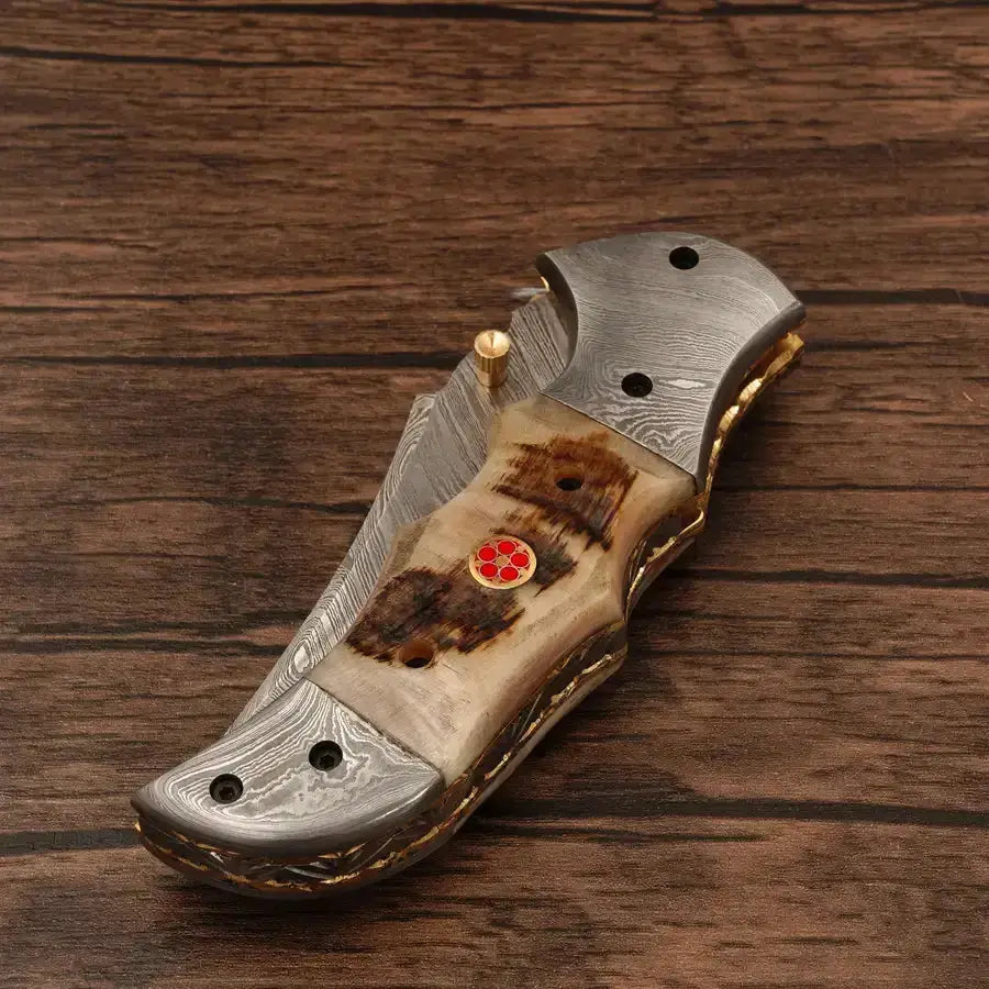 Handmade Damascus Pocket Knife-Damascus Bolster Folding Knife With Ram Horn Handle - Hunt Craft Knives