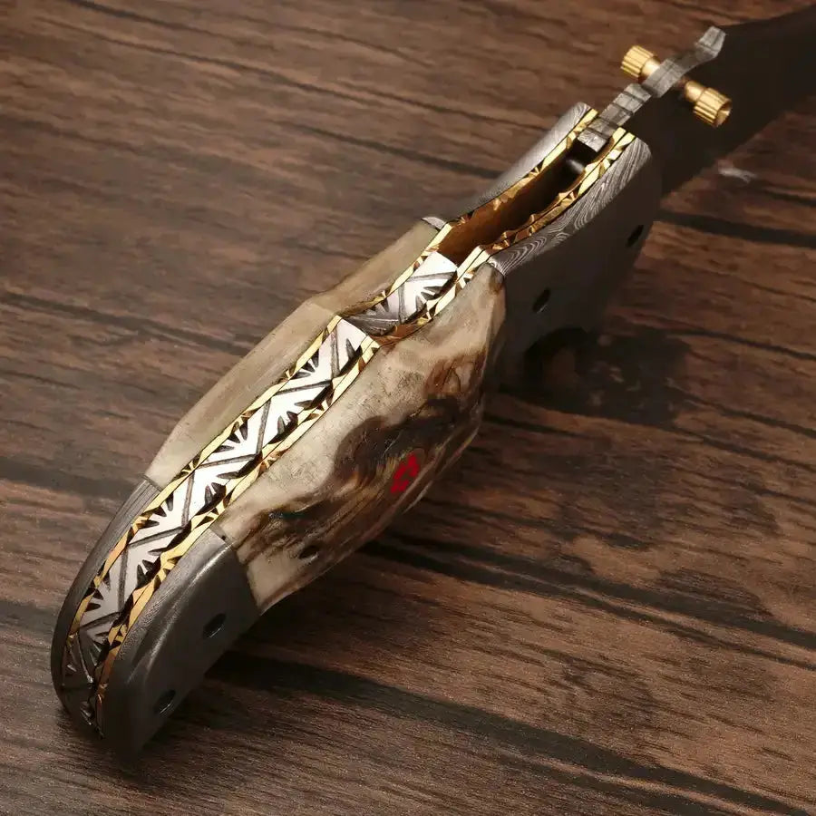 Handmade Damascus Pocket Knife-Damascus Bolster Folding Knife With Ram Horn Handle - Hunt Craft Knives